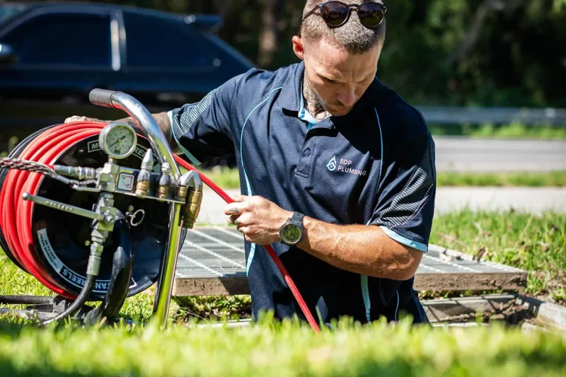 Plumber reading the pressure gauge on a drain jetter